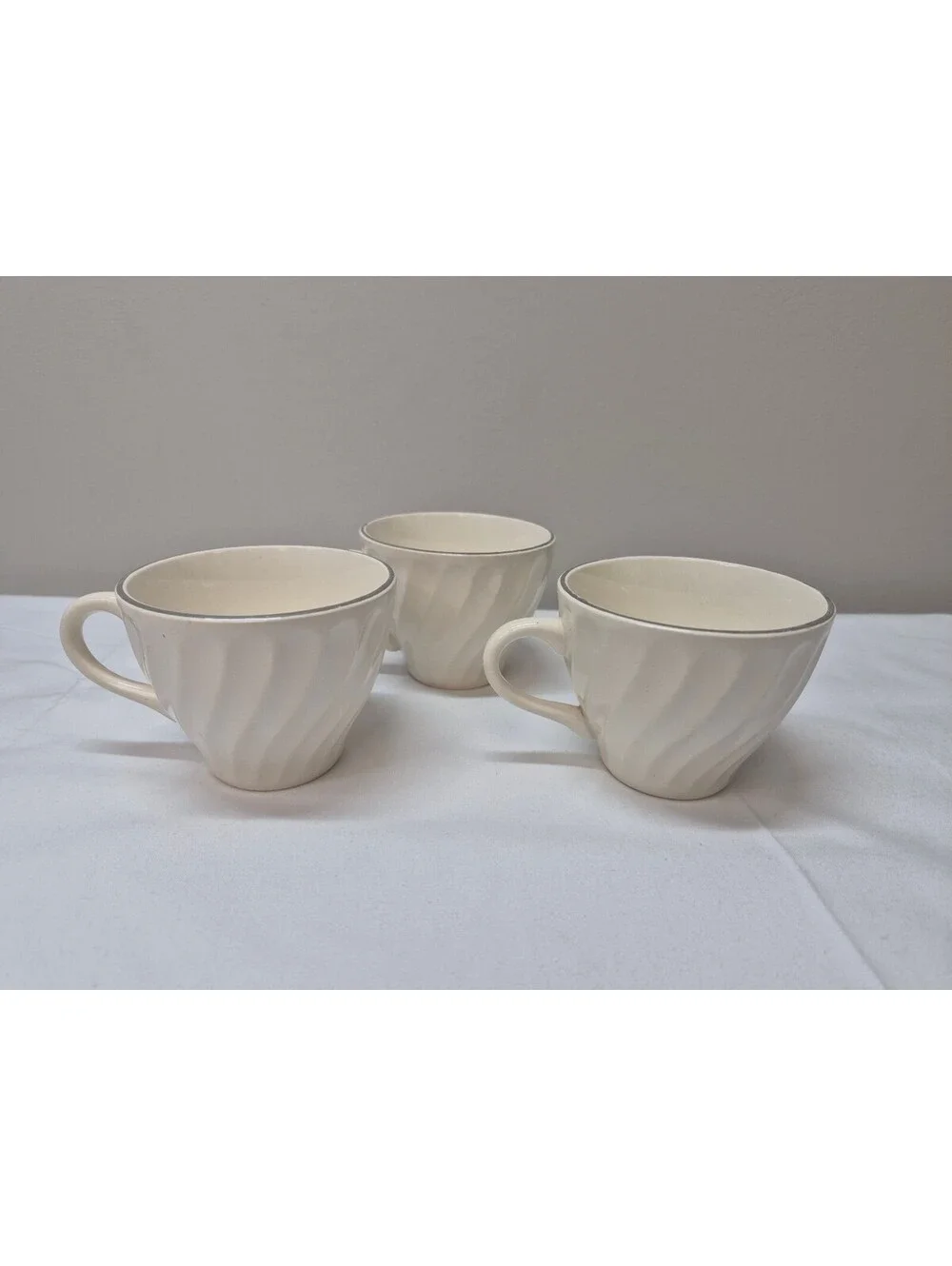 Set of 3 Vintage White Ceramic Coffee Cups with Silver Rim and Swirl Design J47